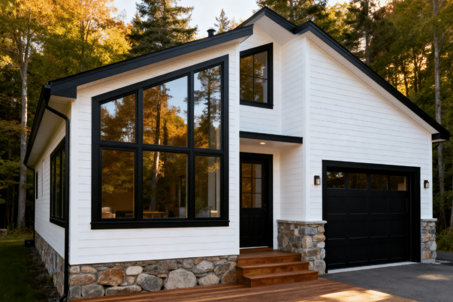 Small prefab home Ontario with modern compact design, large windows, natural light, and clean architectural lines set in a natural Ontario landscape