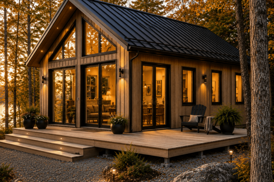 Completed small modular home in Ontario with modern board-and-batten exterior, black-trimmed windows, and natural landscaping on a rural Simcoe County property.