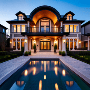 Prefabricated-Homes-Ontario-Canada-Stylish-Exterior-During-Summer-in-Ontario-with-Garden-And-Pool-Area