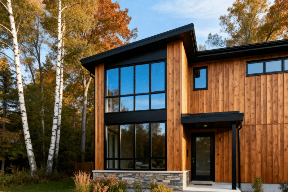 Affordable prefab home Ontario modern finished exterior showing cedar cladding large windows established landscaping and natural Ontario daylight representing high-quality factory-built home available from $167,900 total project cost on a flat serviced Ontario lot