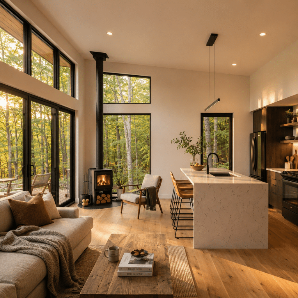 Modern prefab home interior Ontario — open-concept living room and kitchen with floor-to-ceiling windows and natural light, My Own Cottage build