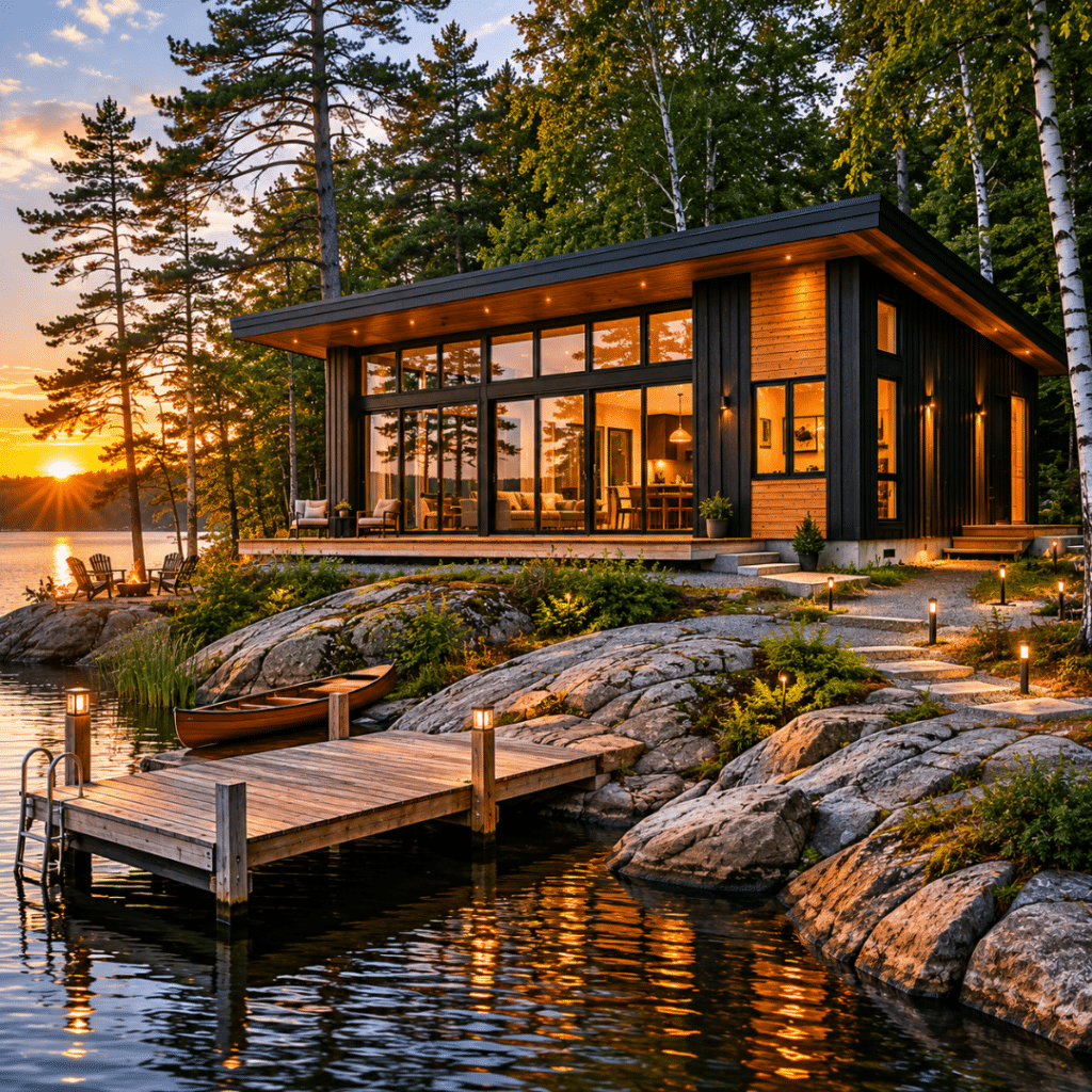 Modern prefab home Muskoka Ontario — completed My Own Cottage cottage-country build on waterfront lot showing regional delivery capability