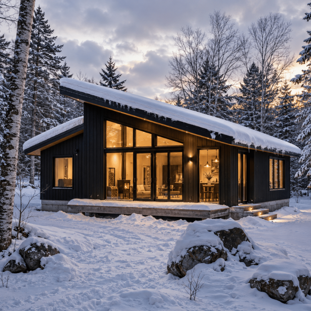 Modern prefab home Ontario winter — shed roof with snow, triple-pane glazing, and four-season building envelope performance in cottage country