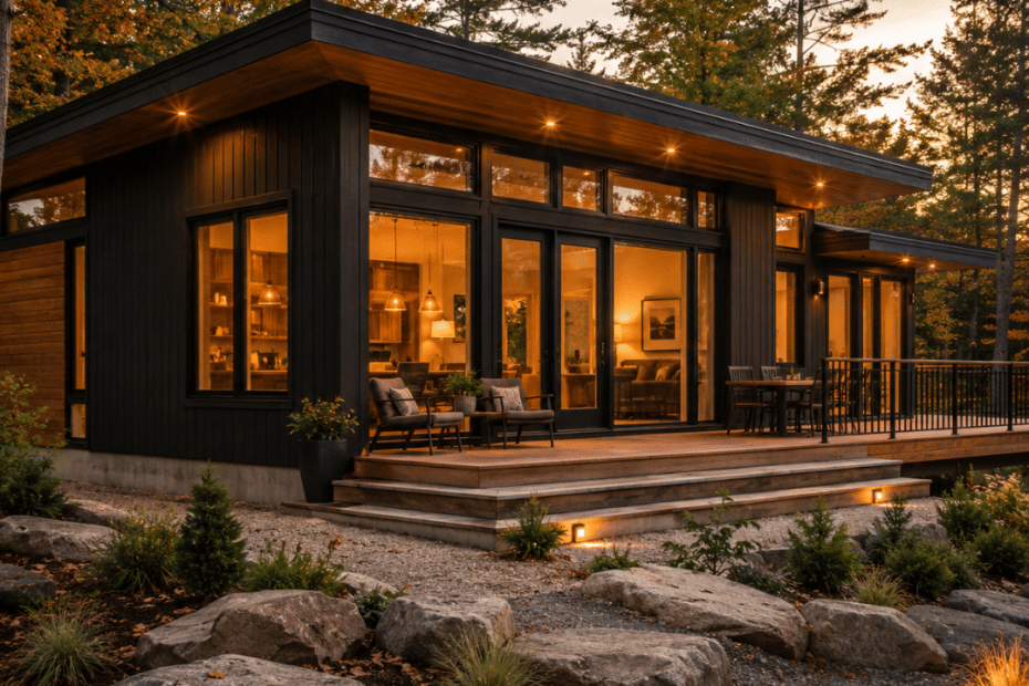 Modern prefab home in Ontario with dark cladding, large floor-to-ceiling windows, and permanent modular installation on a wooded Muskoka-style lot