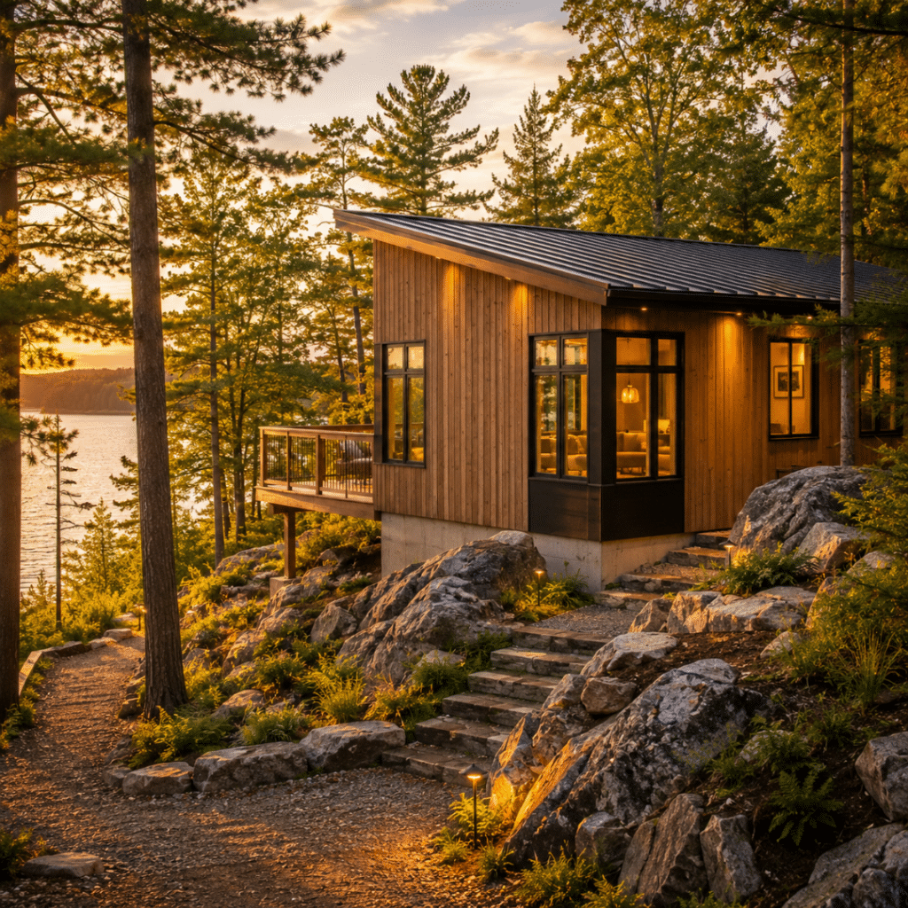 Prefab modular home Muskoka Ontario — completed My Own Cottage build on a cottage-country lot with natural Canadian Shield landscape and mature Ontario trees