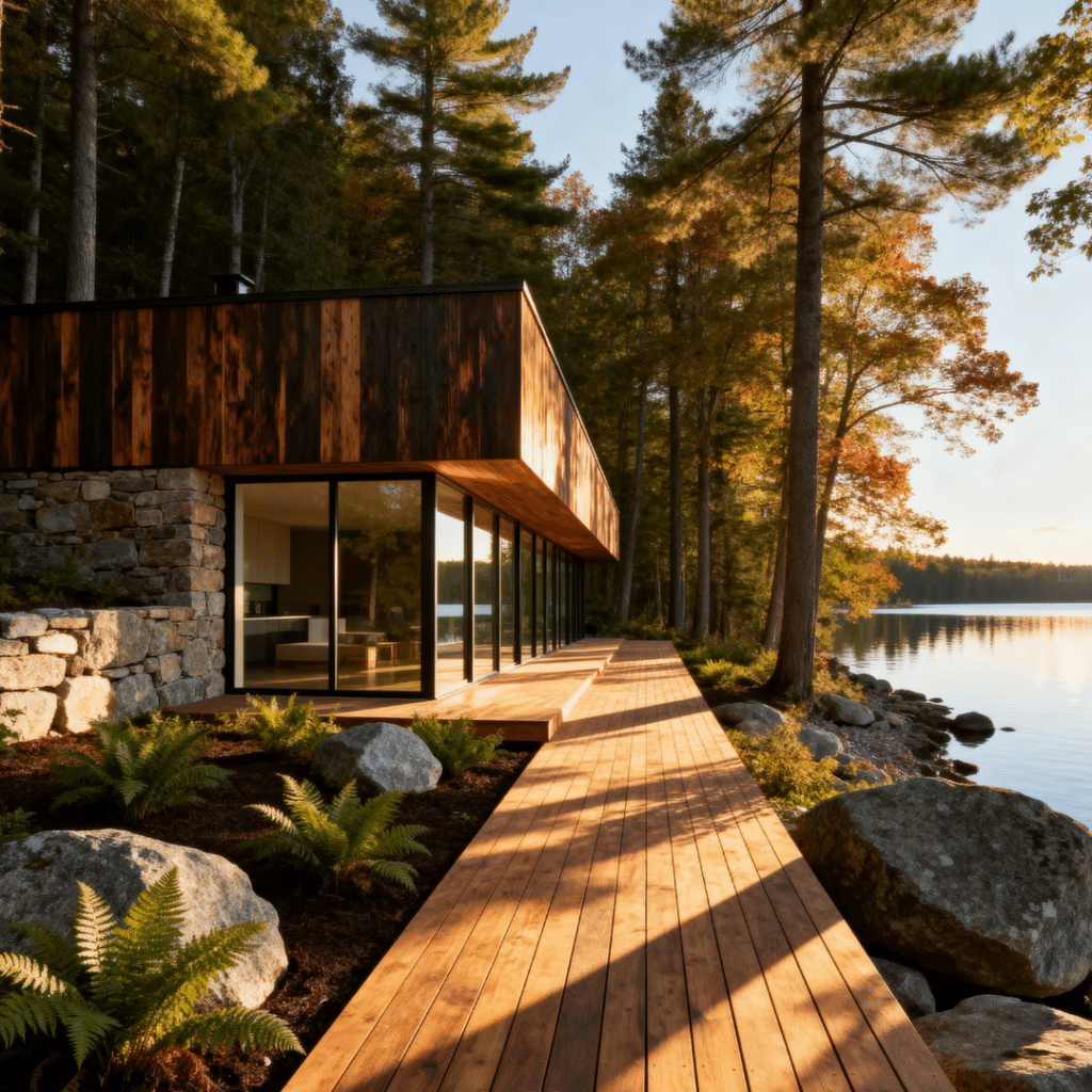 Prefab home for sale Ontario cottage country waterfront setting showing modern cedar and stone structure integrated into Canadian Shield granite with floor-to-ceiling glazing cedar boardwalk ferns and Ontario pine and birch forest beside calm lake representing Muskoka and Haliburton model range