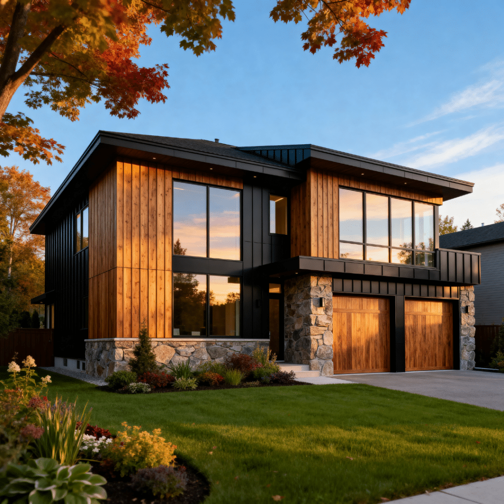 Prefab family home for sale Ontario modern two-storey cedar and black exterior with large windows sunset reflection stone foundation double garage autumn maple framing and established Ontario suburban neighbourhood setting