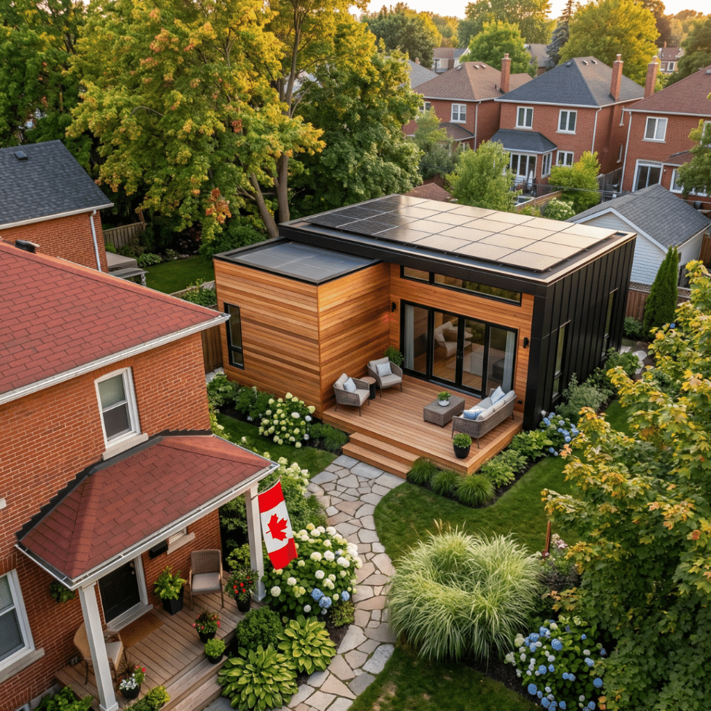 Prefab home for sale Ontario garden suite aerial view showing cedar and black compact modern design with solar panels wood deck Canadian flag brick primary residence established hydrangea garden and dense Ontario urban neighbourhood setting for first-time buyers and rental income investors