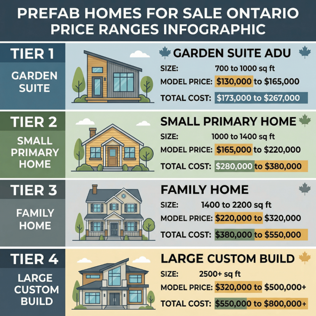 Prefab homes for sale Ontario price ranges infographic showing four tiers: garden suite ADU $130,000 to $165,000 model price $173,000 to $267,000 total cost, small primary home $165,000 to $220,000 model $280,000 to $380,000 total, family home $220,000 to $320,000 model $380,000 to $550,000 total, large custom build $320,000 to $500,000 plus model $550,000 to $800,000 plus total