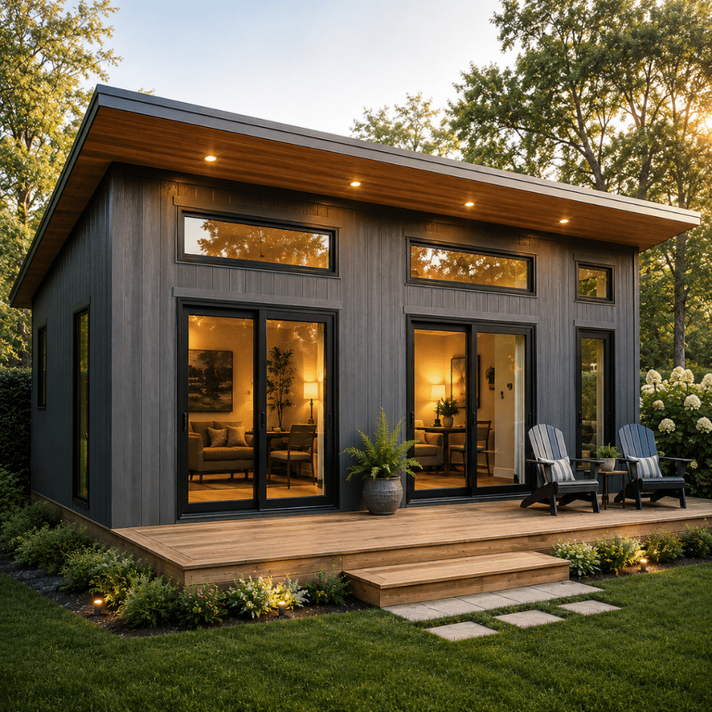 Completed prefab modular home on a real Ontario property illustrating the finished result after site preparation, foundation work, delivery, and installation costs