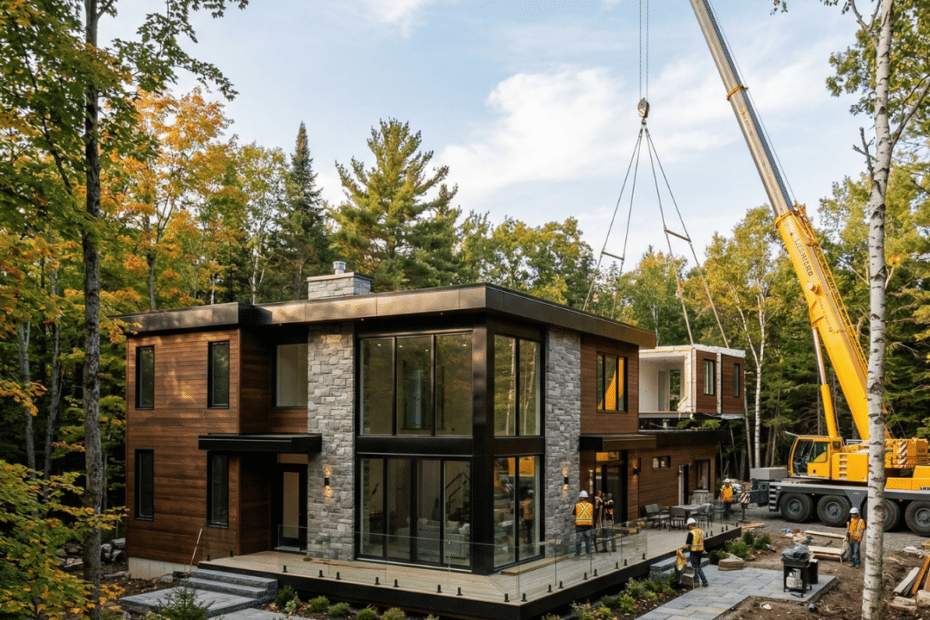 Prefab home installation in Ontario showing crane placing modular section onto foundation with construction crew on site