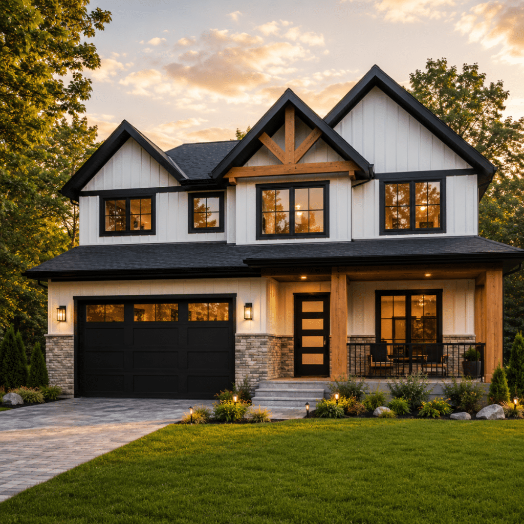 Completed prefab home on a real Ontario property showing modern modular home construction, permanent foundation, and realistic installation conditions for prefab homes Ontario prices