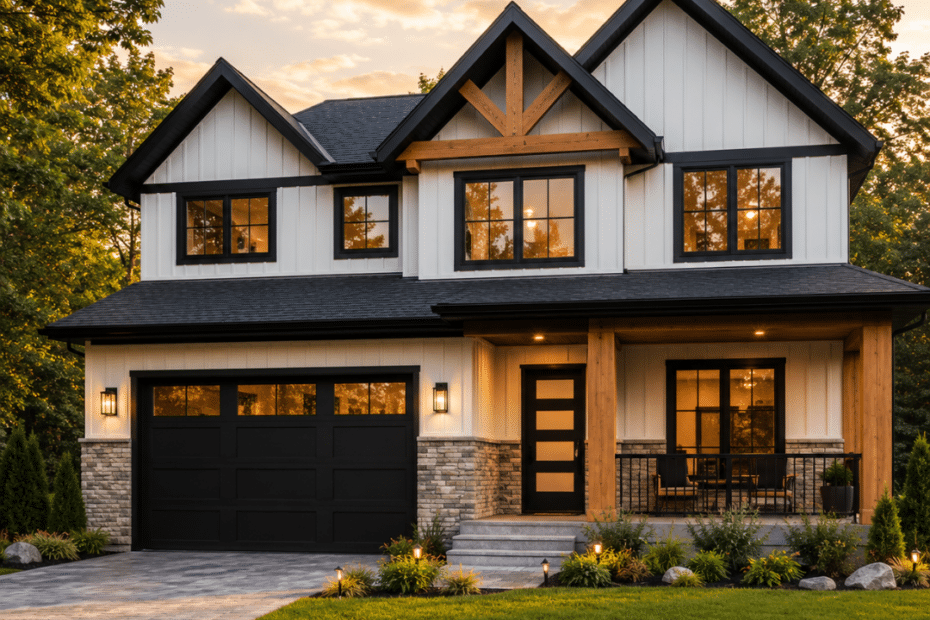 Completed prefab home on a real Ontario property showing modern modular home construction, permanent foundation, and realistic installation conditions for prefab homes Ontario prices