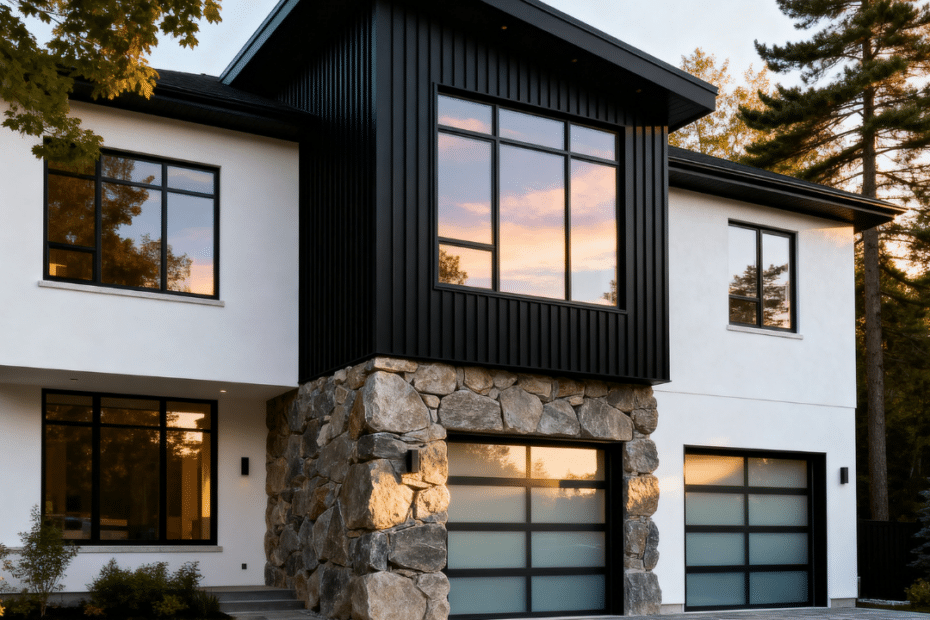 Cost of prefab homes Ontario modern two-storey finished exterior at dusk showing white stucco black standing seam and natural stone tower with glass panel garage doors large windows reflecting sunset warm interior glow and established landscaping representing premium delivered-and-installed prefab home quality