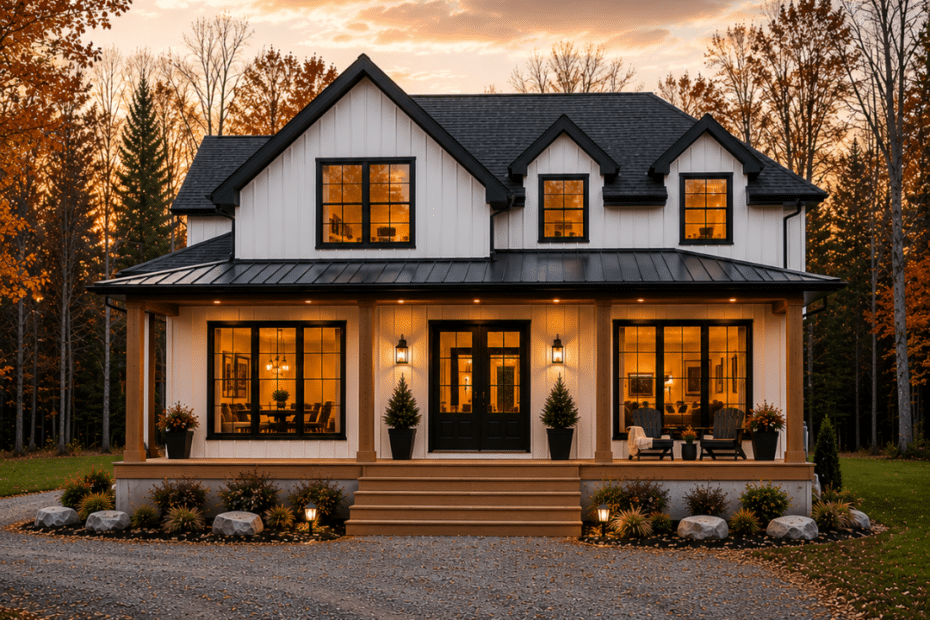 Prefab homes Ottawa Ontario — completed modular home on a rural Ottawa-area lot with permanent foundation, gravel driveway, and Eastern Ontario landscape