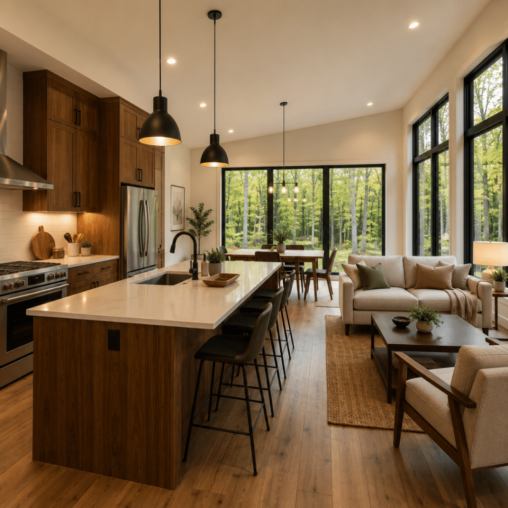 Prefab homes Ottawa interior featuring an open-concept kitchen, large island, floor-to-ceiling windows, and completed modular home finishes by My Own Cottage
