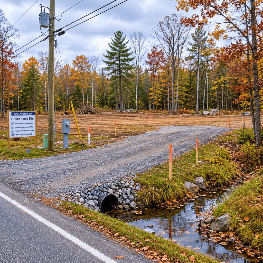 Rural Ottawa building lot with gravel driveway, hydro service, drainage culvert, and cleared home site illustrating conservation authority and permit considerations for prefab homes in Ottawa