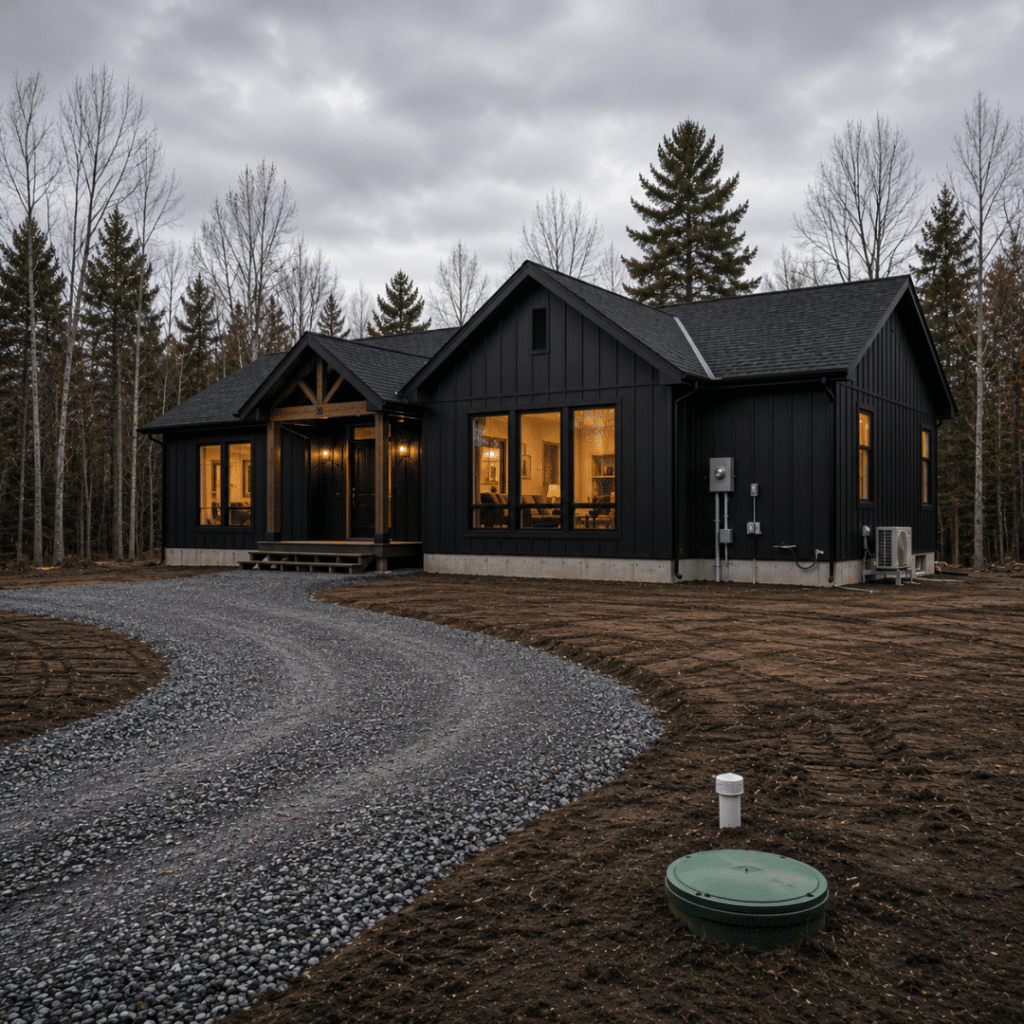 Prefab homes Ottawa completed modular home on a prepared lot showing foundation, gravel driveway, utility connections, septic infrastructure, and site preparation required for full project completion