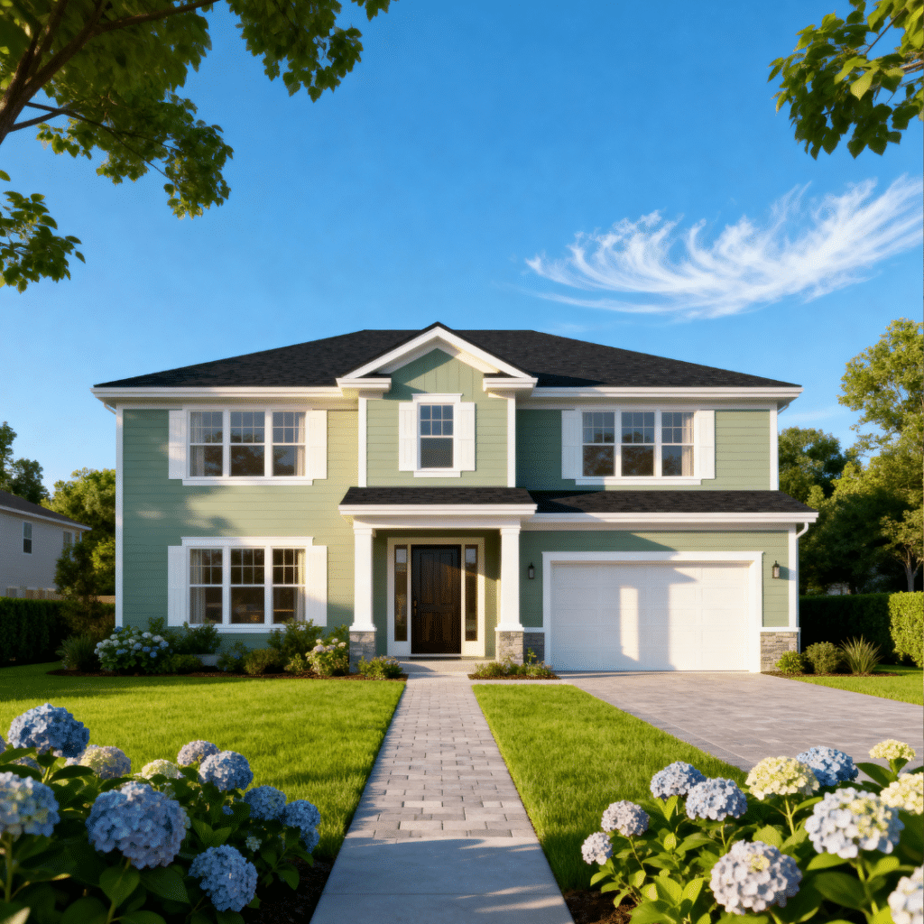 Affordable prefab home with a garage in Barrie, Ontario, designed by My Own Cottage, shown in a peaceful suburban setting under clear blue skies.