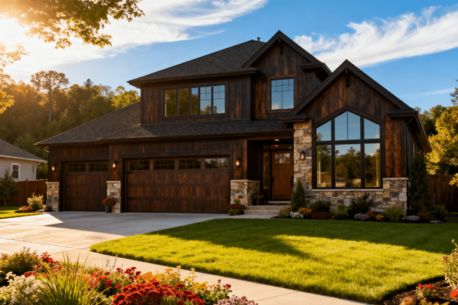 Beautiful modern prefab home with garage by My Own Cottage in suburban Barrie, Ontario, shown in a peaceful summertime setting under clear blue skies.