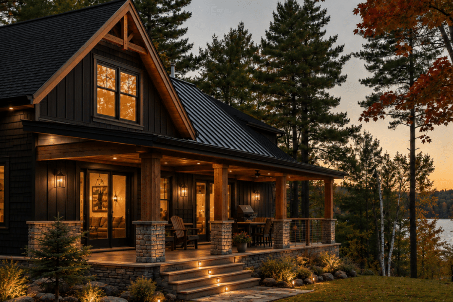 Luxury four-season cottage with dark siding, timber columns, stone accents and warm exterior lighting on a wooded Eastern Ontario lot