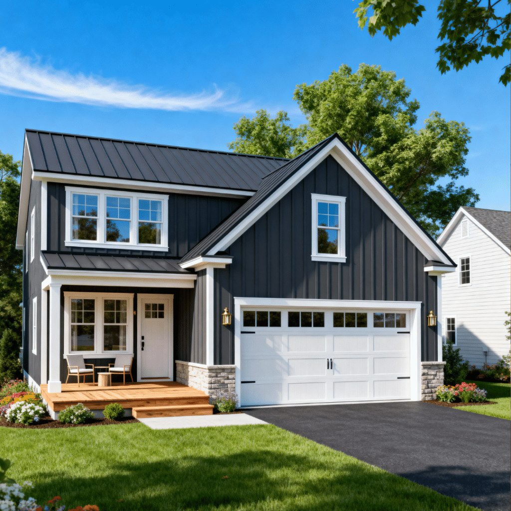 “Beautiful modern small prefab home with a garage in Barrie, Ontario, designed by My Own Cottage and shown in a peaceful suburban setting under clear blue skies.”