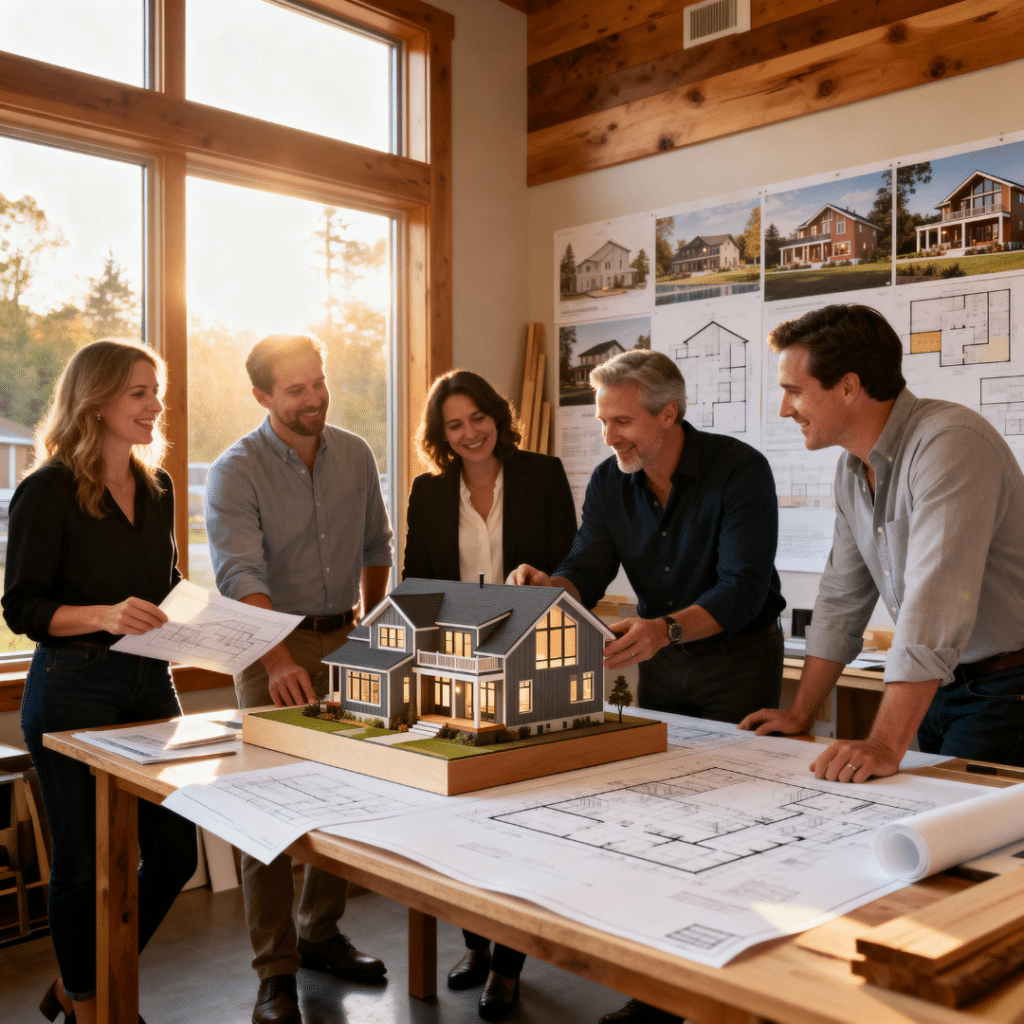 My Own Cottage design team collaborating in their Barrie, Ontario studio, reviewing architectural plans and material samples for prefab homes across Simcoe County.