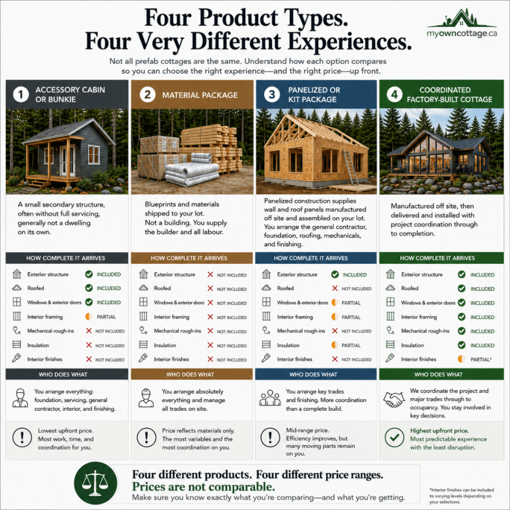 Prefab cottages Collingwood comparison of four product types: accessory cabin or bunkie, material package, panelized or kit package, and coordinated factory-built cottage, showing what each includes and who completes the remaining work.