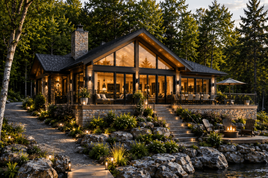 Prefab cottages Collingwood luxury four-season waterfront cottage on a permanent foundation overlooking Georgian Bay, featuring contemporary architecture, floor-to-ceiling windows, landscaped shoreline, private dock and mature forest setting.
