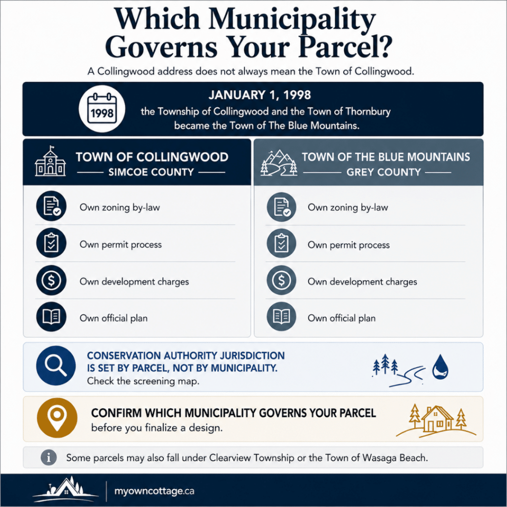 Prefab cottages Collingwood infographic showing that a Collingwood address may fall under the Town of Collingwood, the Town of The Blue Mountains, Clearview Township or the Town of Wasaga Beach, with guidance on zoning, permits, development charges and conservation authority jurisdiction.