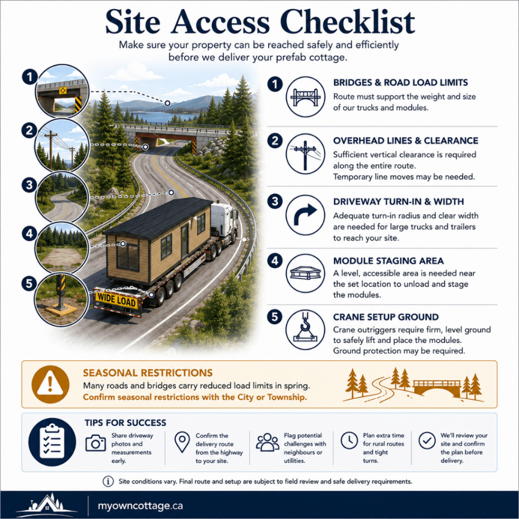 Prefab cottages Collingwood site access checklist showing bridge and road load limits, overhead lines, driveway turn-in, module staging area, crane setup ground and spring load restriction considerations for prefab cottage delivery.