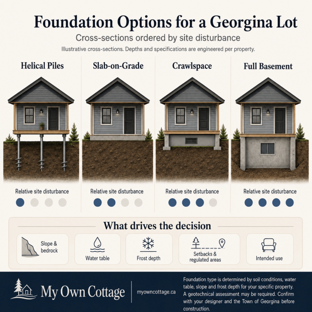 Prefab cottages Georgina foundation options comparing helical piles, slab-on-grade, crawlspace and full basement by relative site disturbance