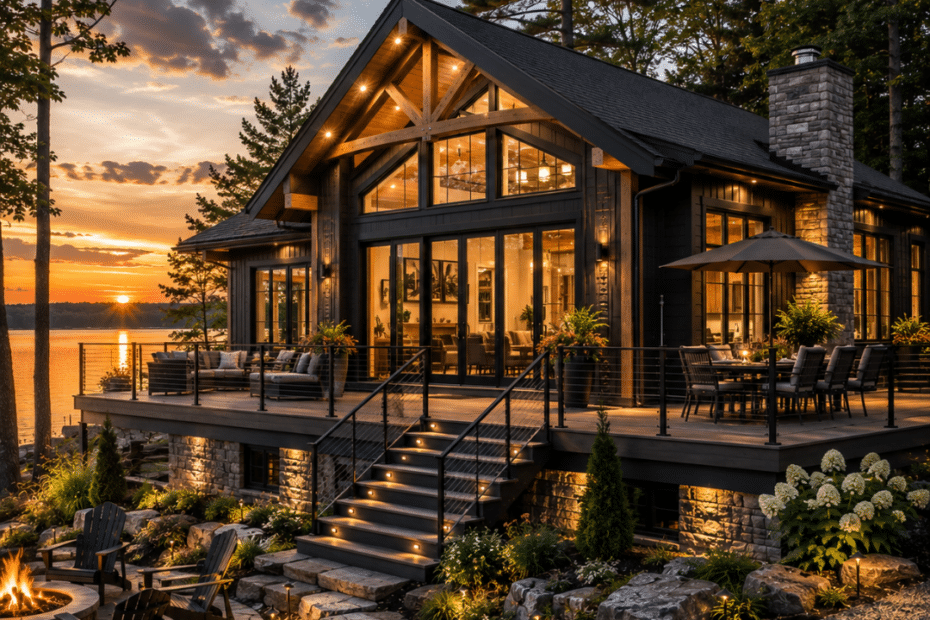 Prefab cottages Georgina luxury four-season prefab cottage on a permanent foundation overlooking a wooded lakeside property in Georgina, Ontario.