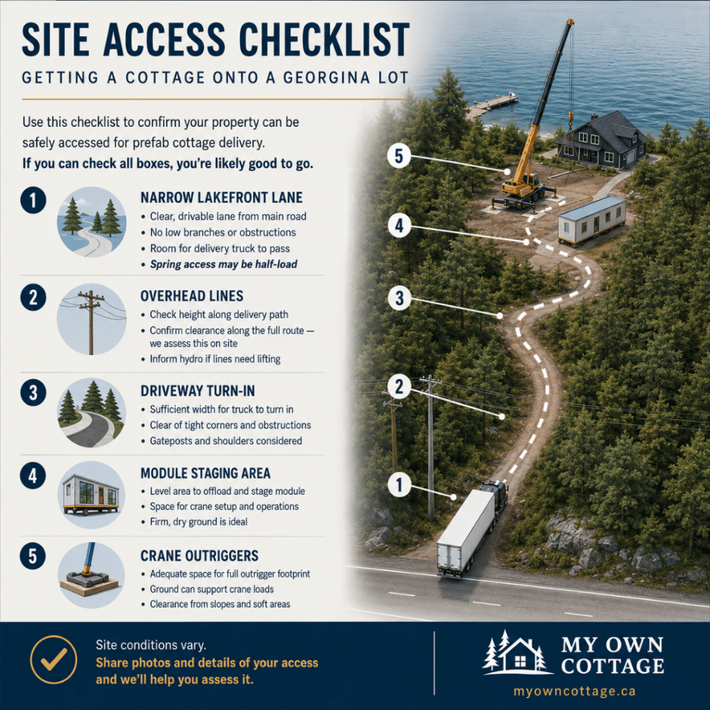 Prefab cottages Georgina site access checklist showing overhead lines, driveway turn-in, module staging and crane outrigger requirements for cottage delivery