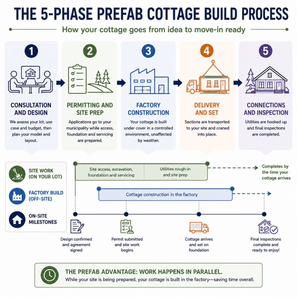 Prefab cottages Haliburton five-phase build timeline showing consultation and design, permitting and site preparation, factory construction, delivery and set, and connections and inspection, with factory and site work occurring in parallel.