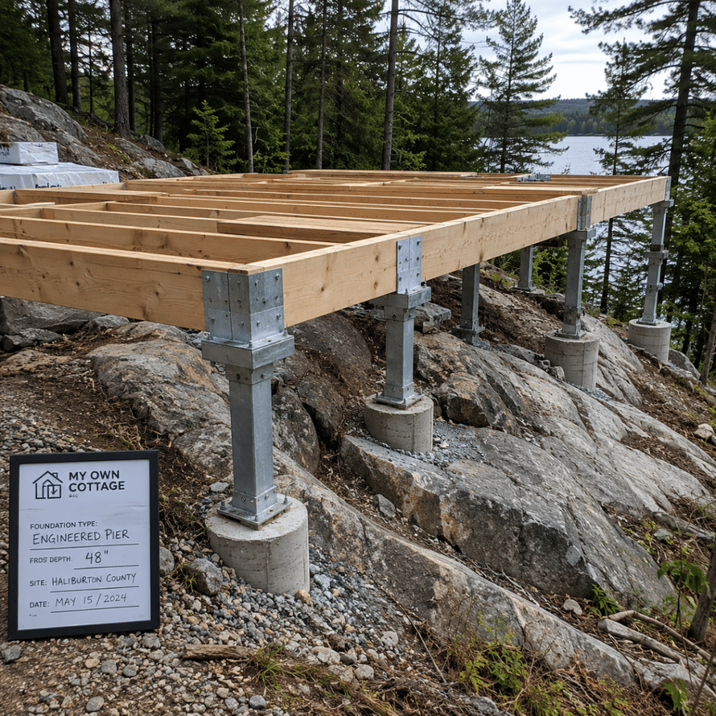 Prefab cottages Haliburton engineered pier foundation installed on Canadian Shield bedrock for a prefab cottage on a sloped lakeside lot.