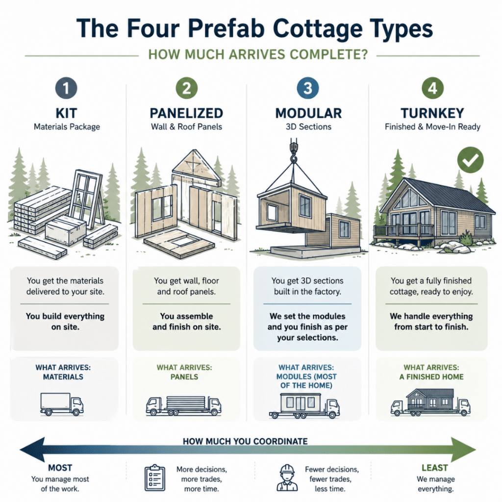Prefab cottages Haliburton comparison diagram showing the differences between kit, panelized, modular and turnkey cottages, including how much arrives complete and how much the buyer coordinates.