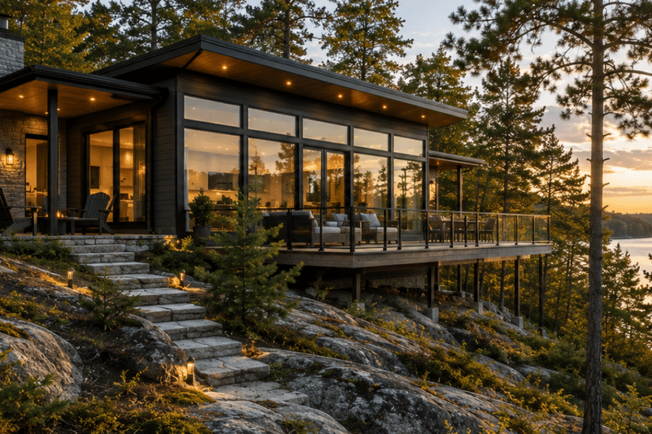 Prefab cottages Haliburton modern lakeside cottage on a rocky Canadian Shield lot with floor-to-ceiling windows, contemporary architecture and a forest waterfront setting.