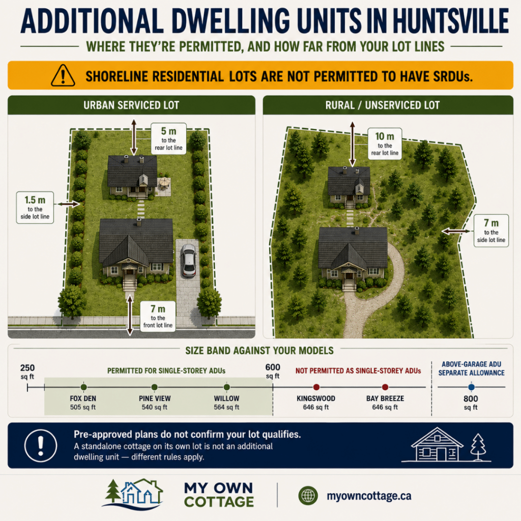 Prefab cottages Huntsville infographic showing additional dwelling unit (SRDU) rules, urban and rural setback requirements, approved size limits, and the shoreline residential lot exclusion in Huntsville, Ontario.