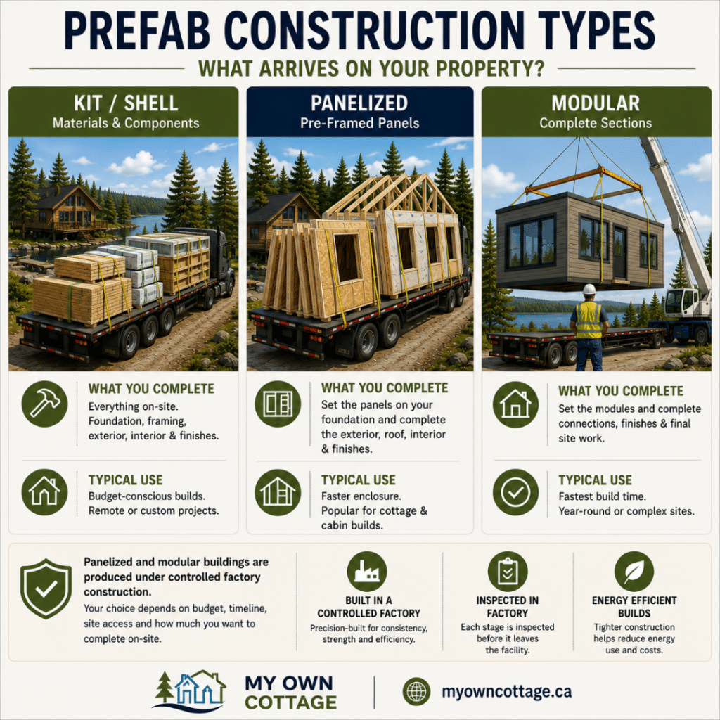 Prefab cottages Huntsville comparison showing kit or shell, panelized and modular construction types, what arrives on your property, what you complete on-site, and the typical use for each building method.