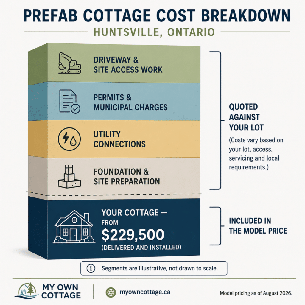 Prefab cottages Huntsville cost breakdown infographic showing the model price from $229,500 delivered and installed, separated from foundation, utility connections, municipal permits and charges, driveway, and site access costs quoted for each property.