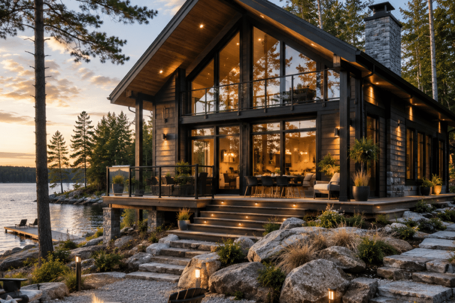 Prefab cottages Huntsville luxury modern lakeside cottage exterior on a Canadian Shield waterfront lot with floor-to-ceiling windows, natural stone, timber accents, landscaped granite, expansive decking and panoramic lake views.