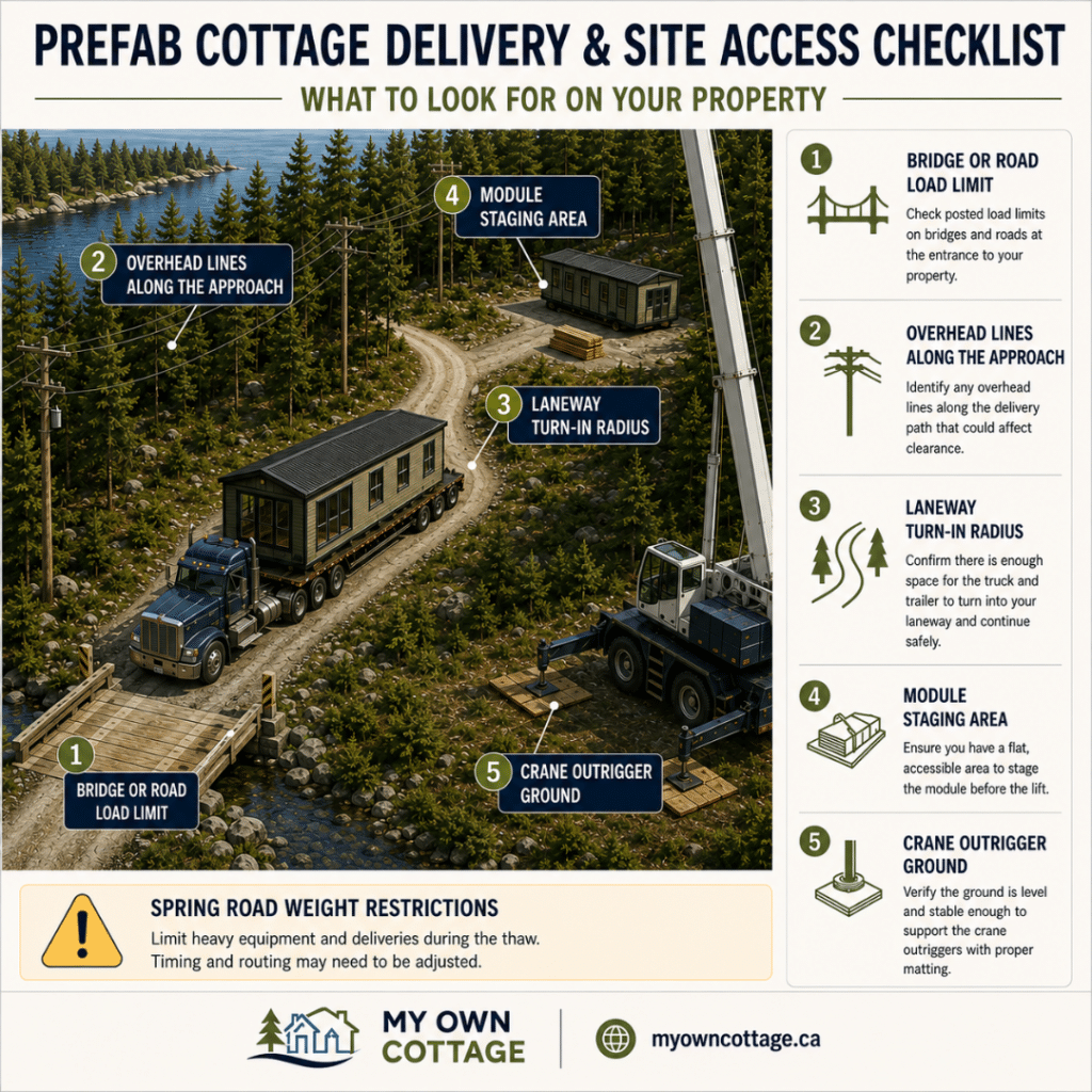 Prefab cottages Huntsville site access and delivery checklist showing a modular cottage delivery route with bridge or road load limits, overhead lines, laneway turn-in, module staging area, crane outrigger ground and spring road weight restrictions.