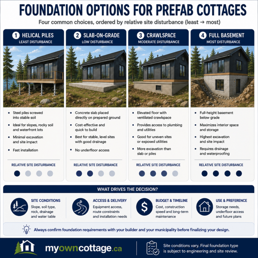 Prefab cottages Innisfil foundation options diagram comparing helical piles, slab-on-grade, crawlspace, and full basement foundations with relative site disturbance and key design considerations.