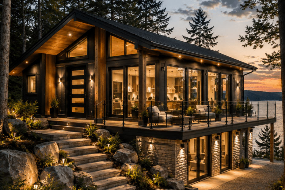 Prefab cottages Innisfil luxury four-season waterfront cottage on a permanent foundation with a modern exterior overlooking Lake Simcoe at dusk.