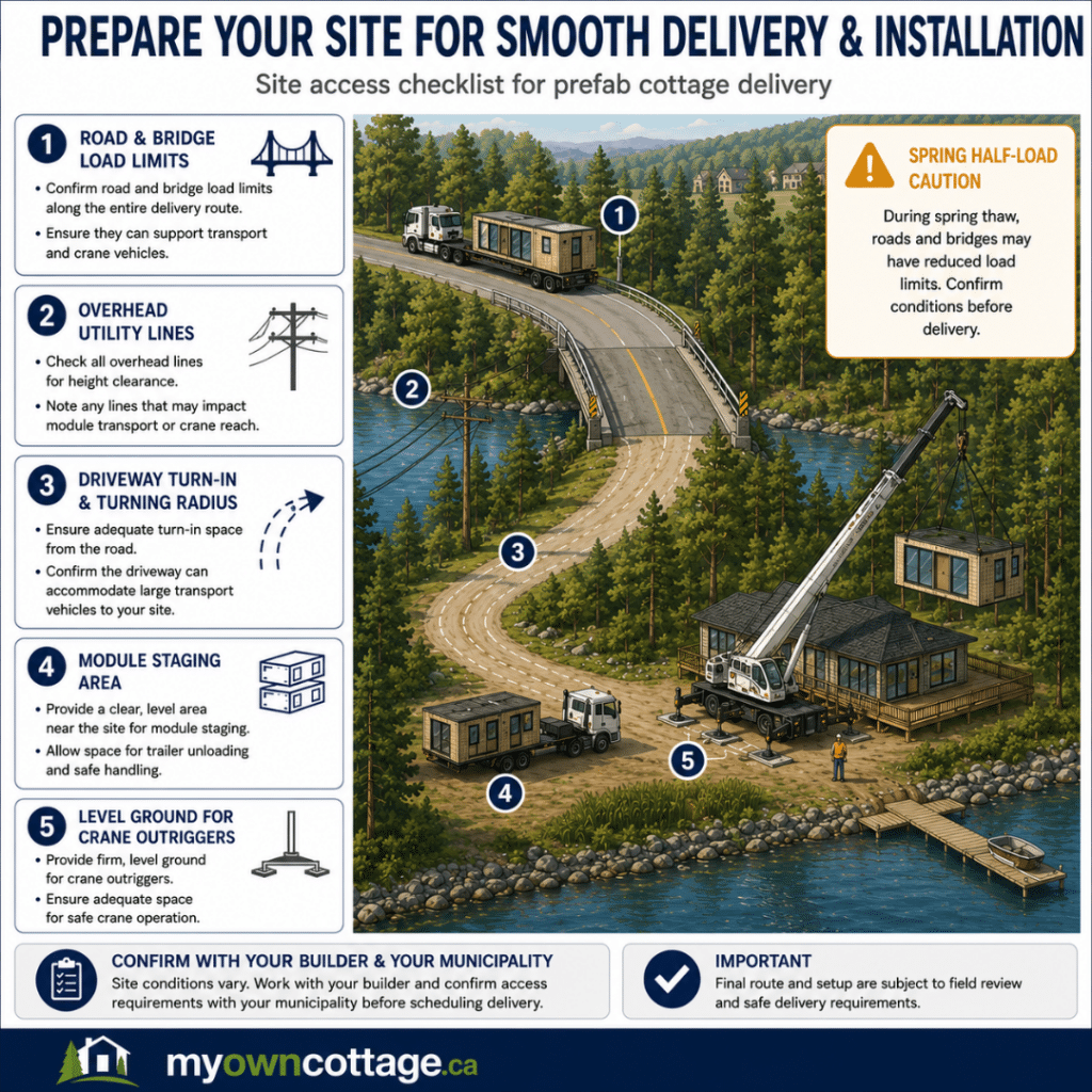 Prefab cottages Innisfil site access checklist showing road and bridge load limits, overhead utility lines, driveway turn-in, module staging area, crane outrigger setup, and spring reduced load restrictions for prefab cottage delivery.
