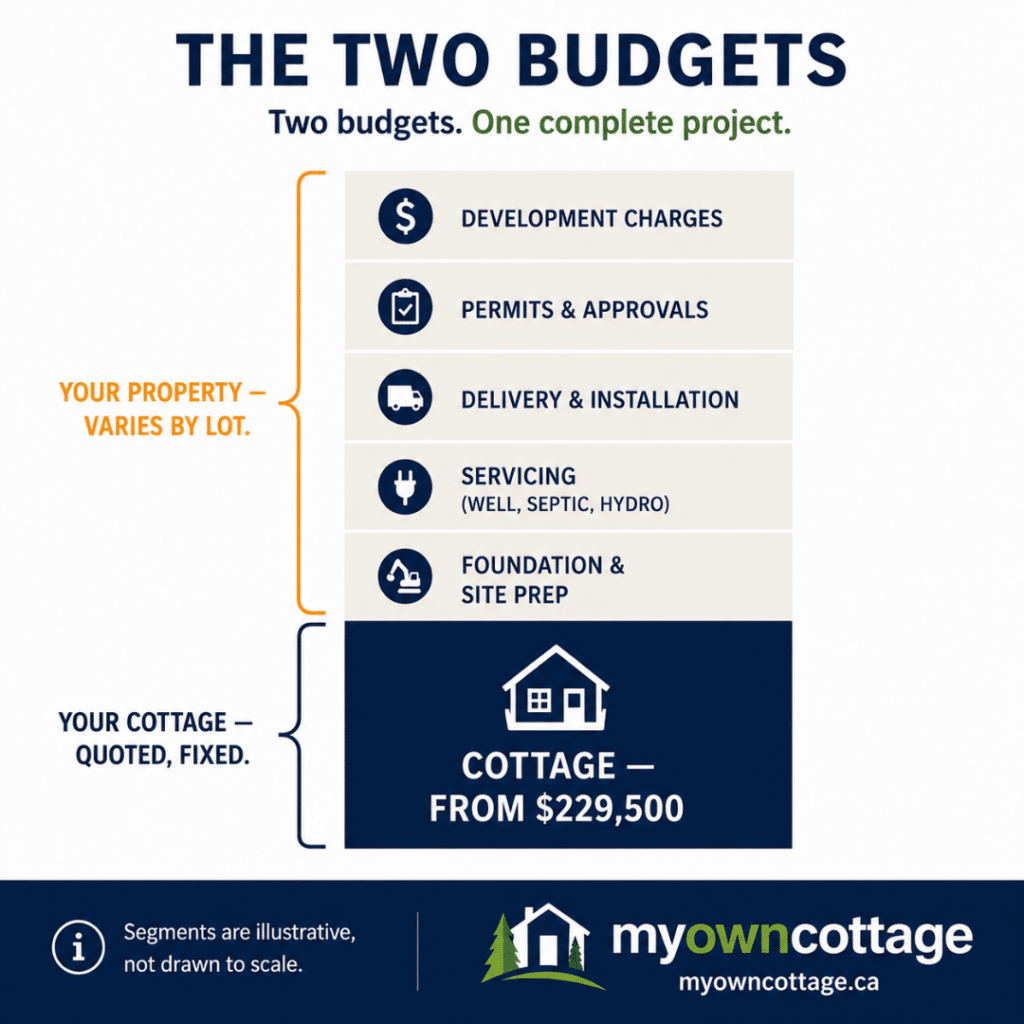 Prefab cottages Innisfil cost stack diagram showing the cottage price from $229,500 quoted separately from foundation, site preparation, servicing, delivery, permits and development charges that vary by property.