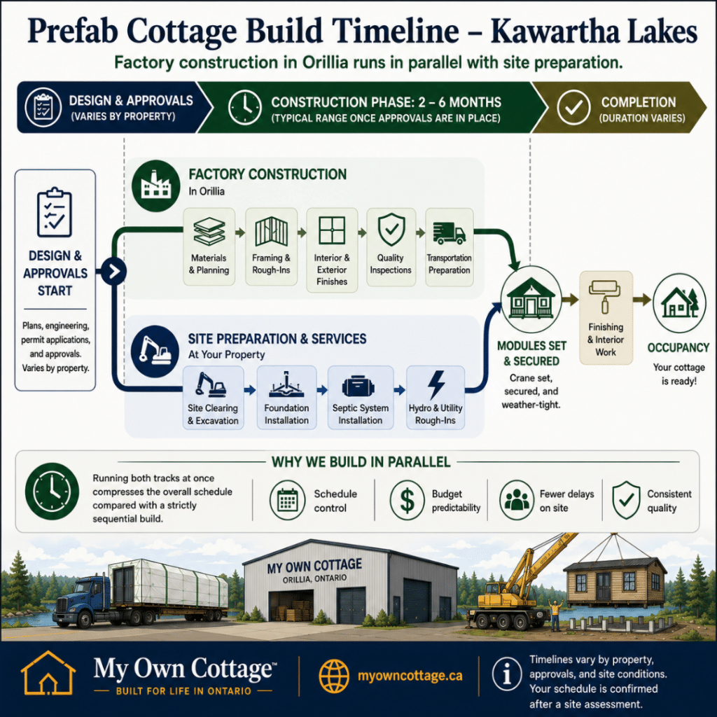 Prefab cottages Kawartha Lakes build timeline infographic showing design and approvals before factory construction in Orillia and on-site preparation running in parallel through module installation, finishing and occupancy.