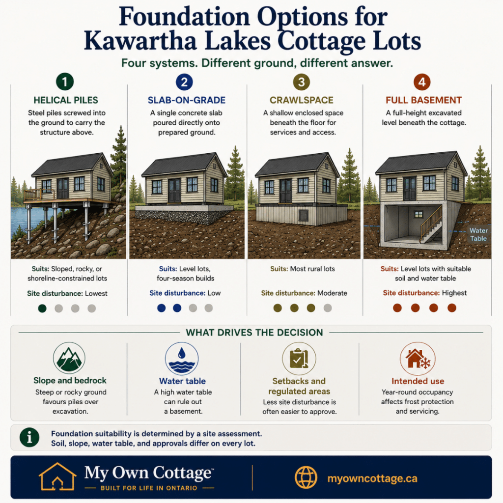 Prefab cottages Kawartha Lakes foundation options infographic comparing helical piles, slab-on-grade, crawlspace and full basement foundations for different lot conditions, including slope, bedrock, water table and site disturbance.