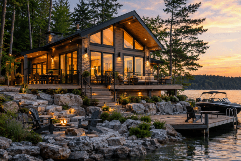 Prefab cottages Kawartha Lakes modern waterfront prefab cottage with floor-to-ceiling windows, covered deck, private dock and natural Ontario shoreline at sunset.